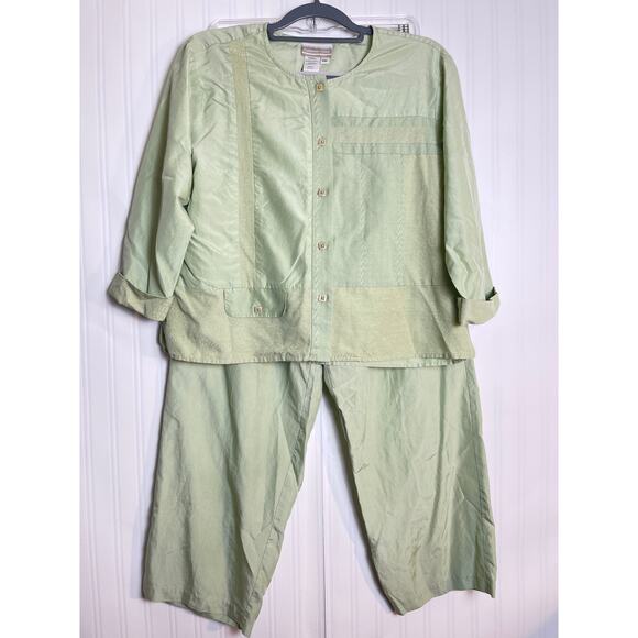Coldwater Creek Silk Cotton Embroidered Pajama Set Women SP VTG Pistachio Green - Picture 1 of 14